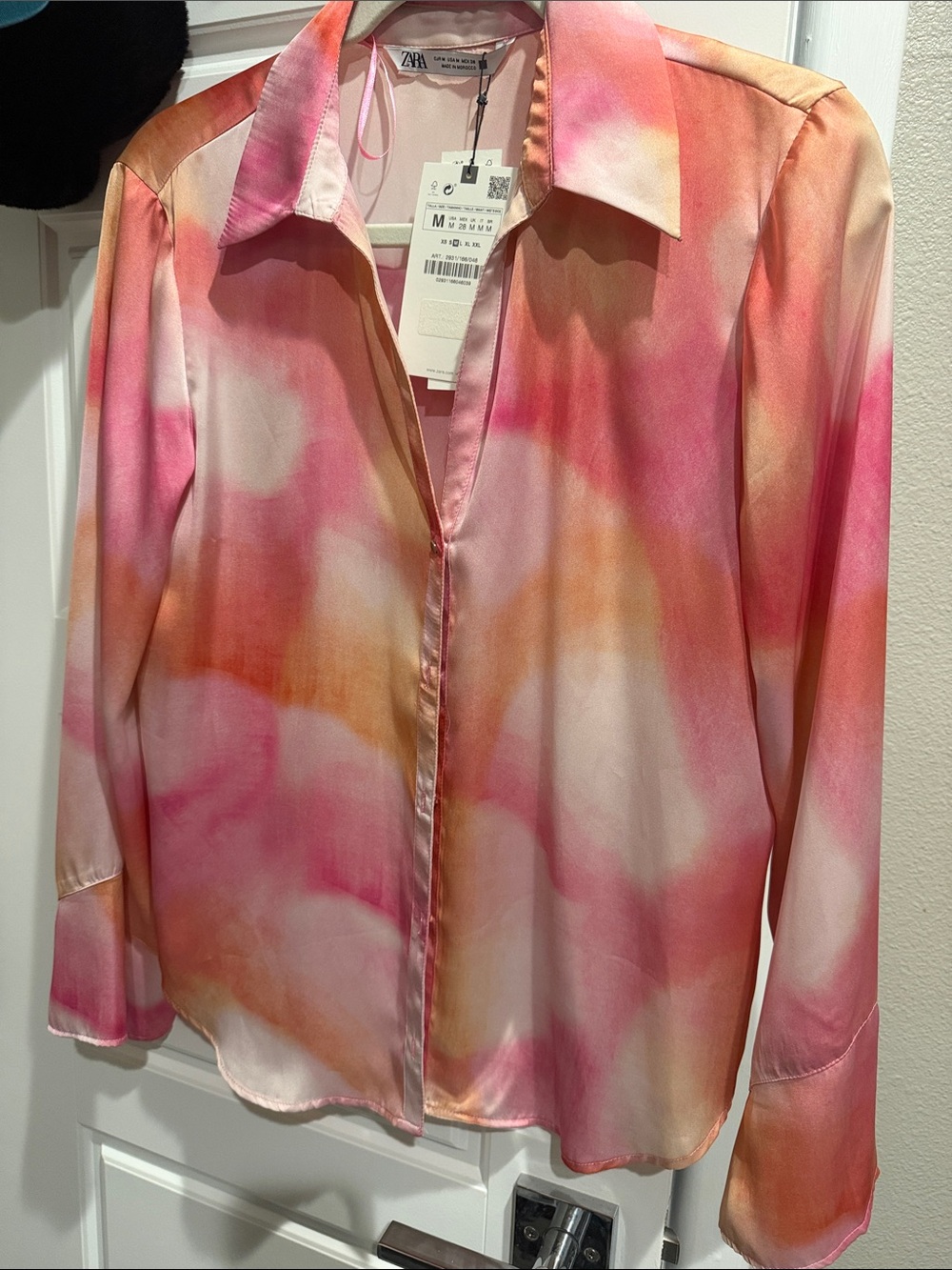 Zara Pink and Orange Tie-Dye Satin Button-Down Shirt